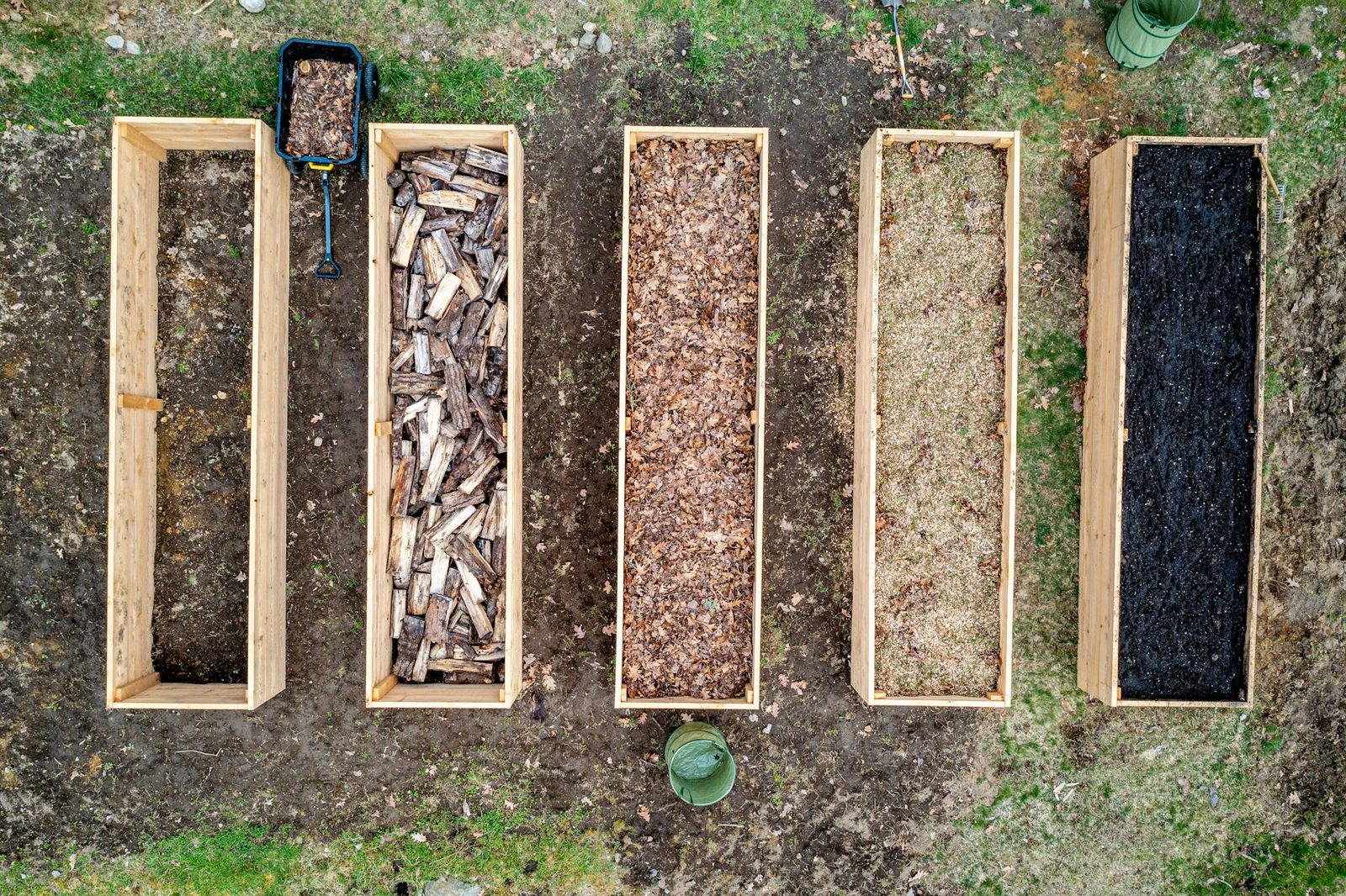 Mulch spread around healthy plants in a sustainable home garden bed