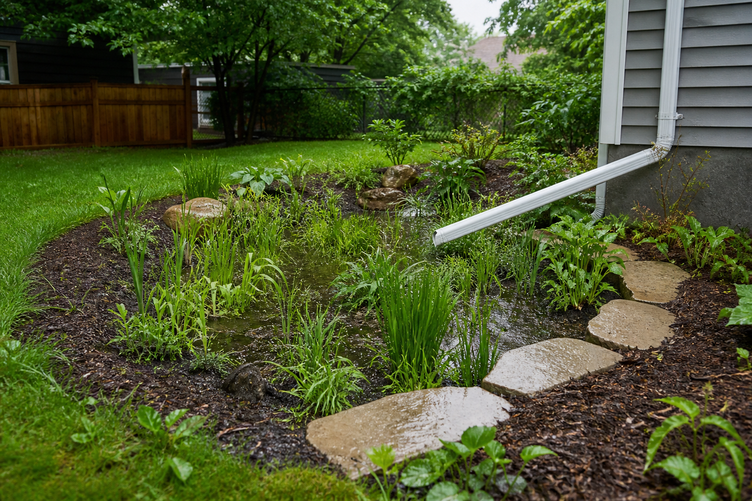 Rain garden planting area receiving downspout runoff in a small yard