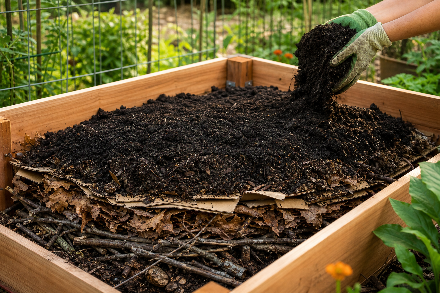 Raised garden bed with sticks, leaves, cardboard, compost, and soil layers