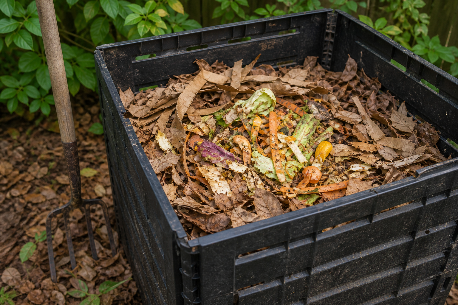 Compost bin balanced with dry leaves and kitchen scraps