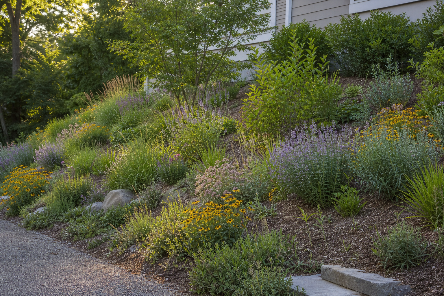 Native plants and grasses stabilizing a sloped garden bed