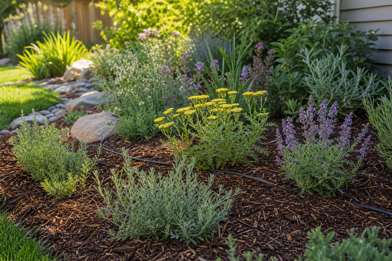 Existing garden bed improved with mulch and drought-tolerant plants