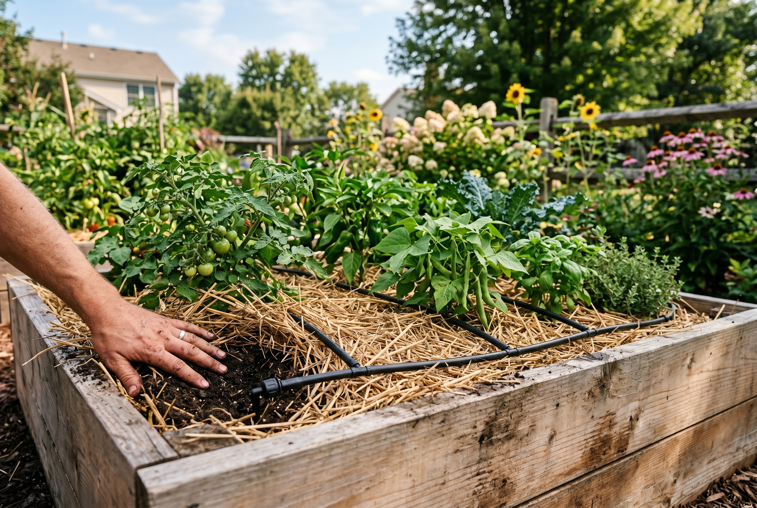 Mulched raised garden bed with drip irrigation for slower summer drying
