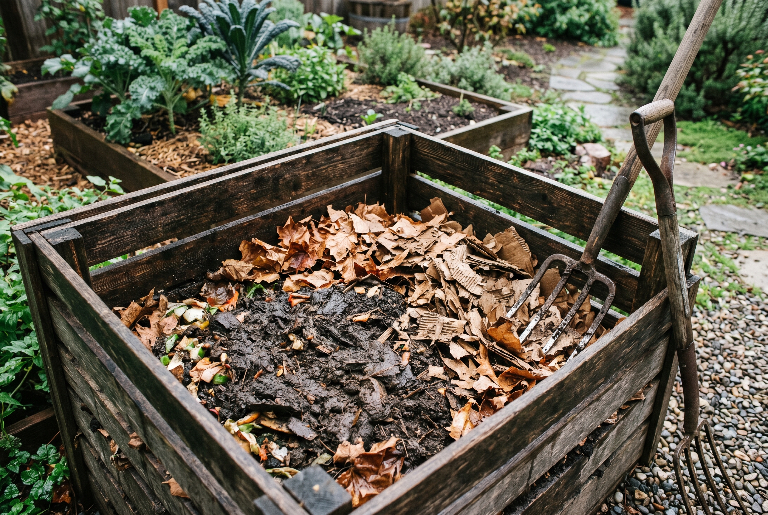 Wet compost being balanced with dry leaves and shredded cardboard