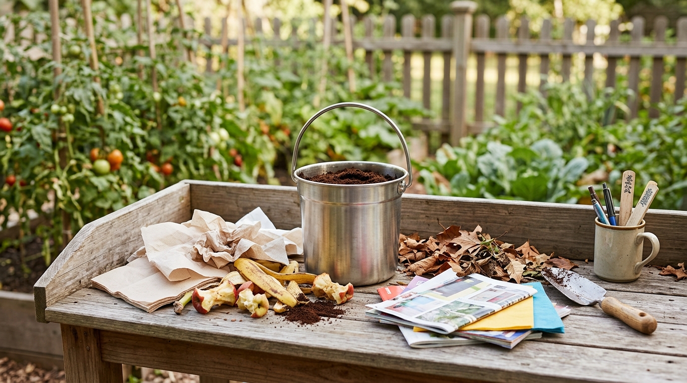 Plain paper towels, food scraps, leaves, and compost pail on a garden workbench