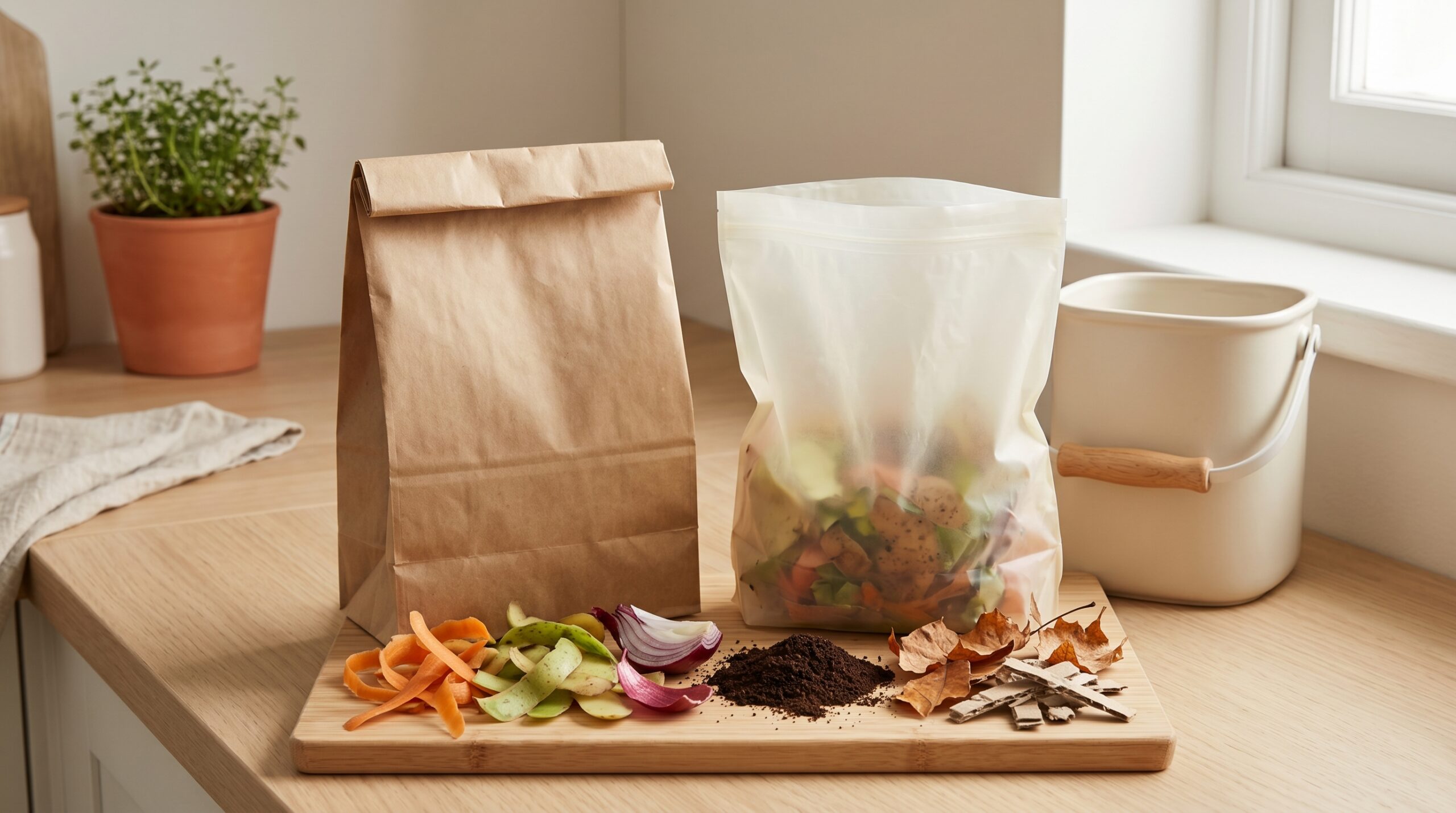 Paper bag and compostable bag compared beside kitchen food scraps and compost browns