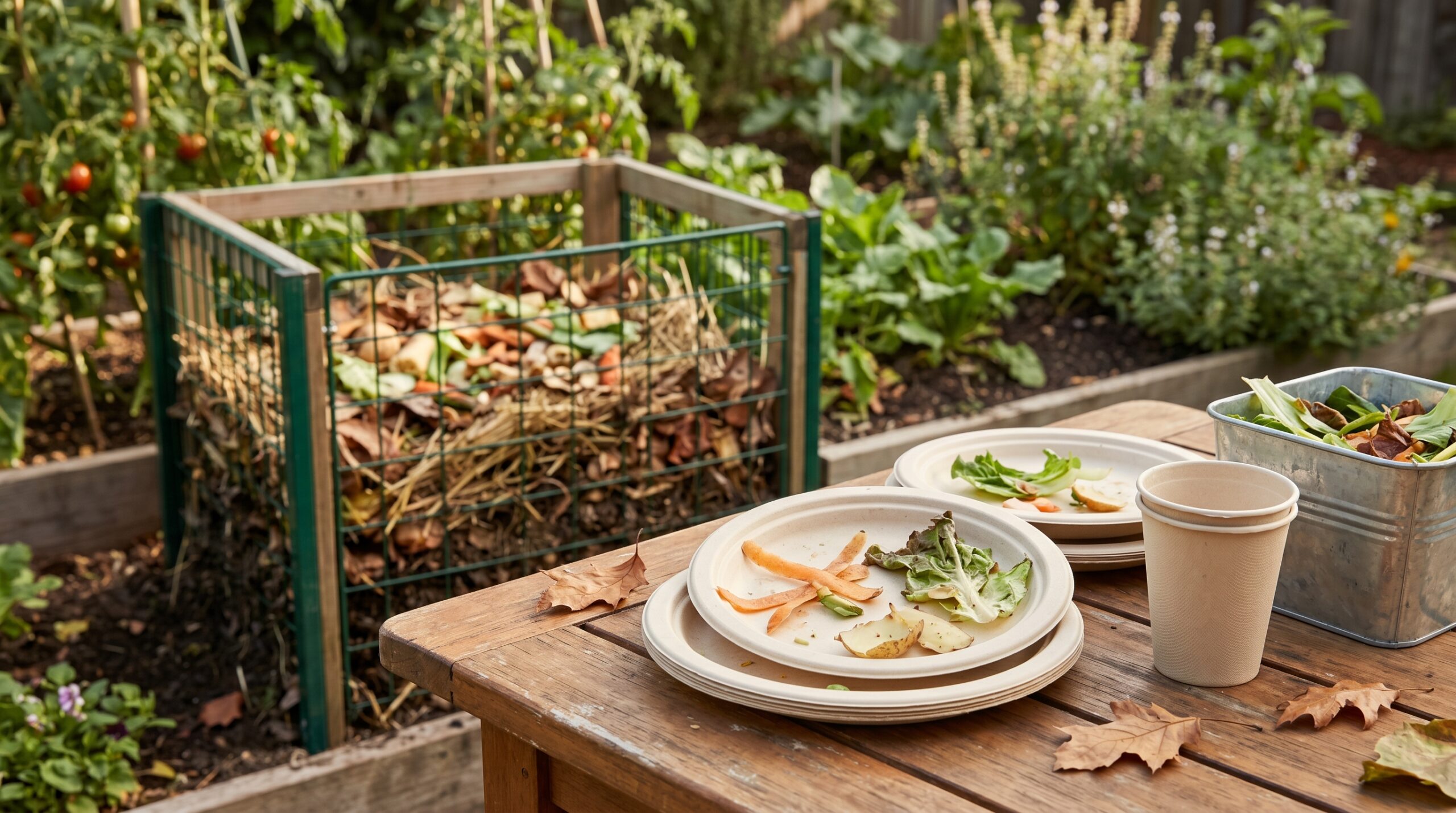 Compostable plates and cups near food scraps and a backyard compost bin