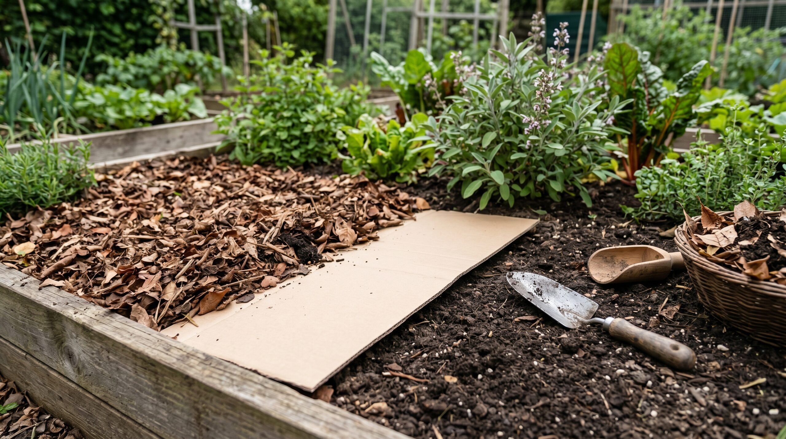 Plain cardboard being reused under mulch in a no-dig garden bed