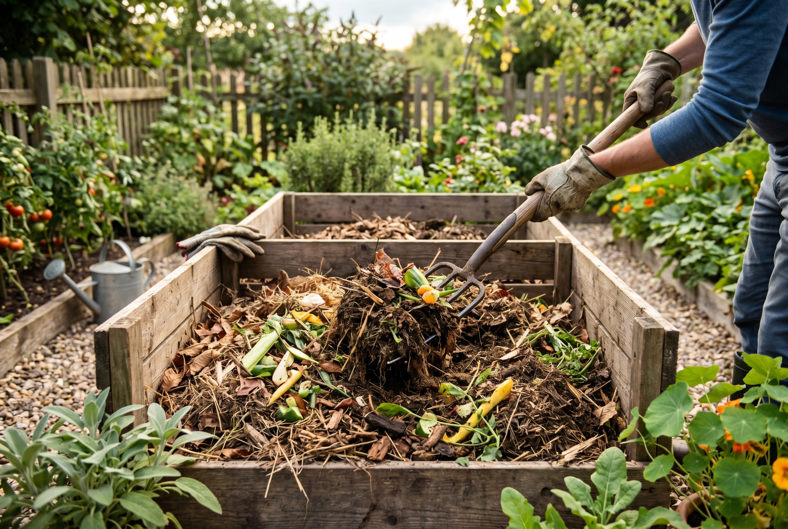 Summer compost pile being turned with dry leaves and food scraps visible