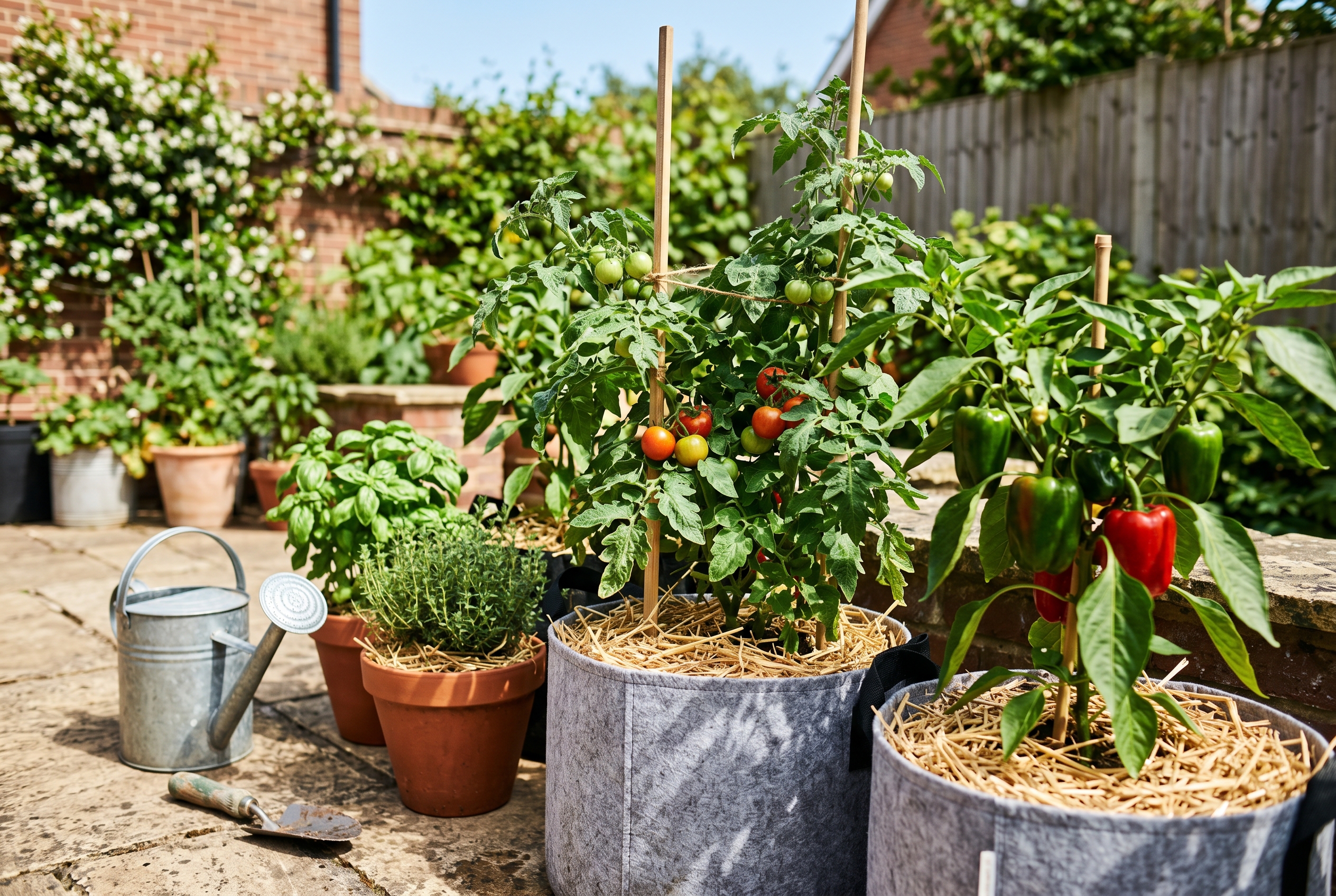 Container vegetables with light mulch on a sunny patio