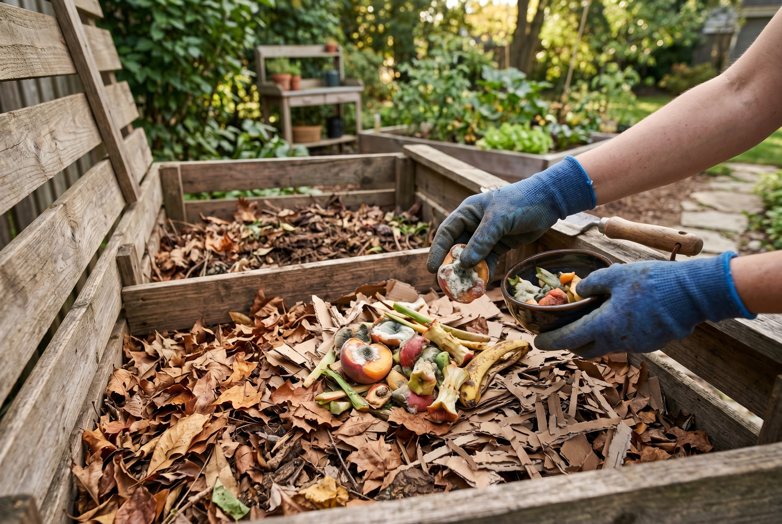Moldy fruit scraps being added carefully to compost with dry leaves