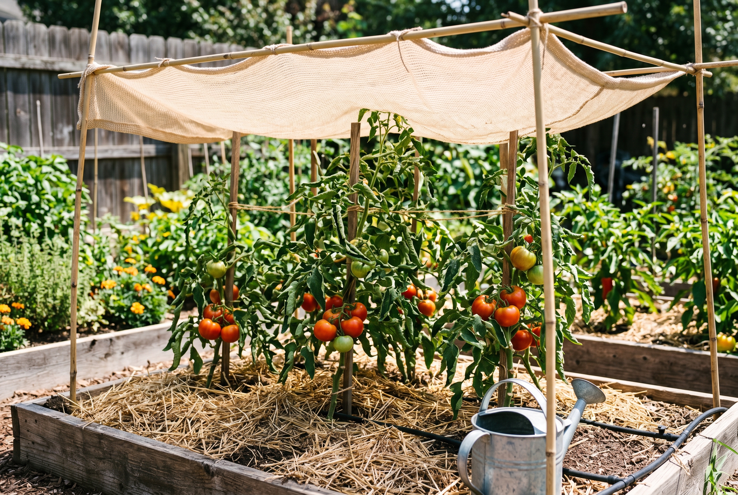 Tomato plants protected with mulch and light shade during a summer heat wave