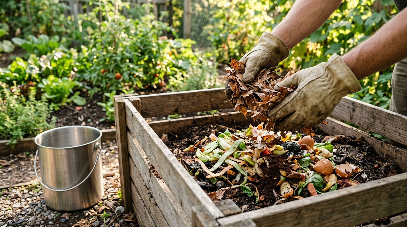 Dry leaves being added over vegetable scraps in a small backyard compost bin
