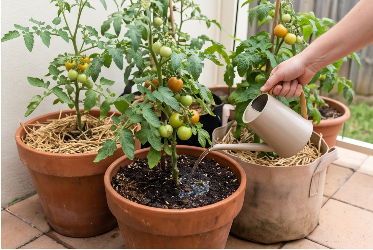 Tomato plants in patio containers being watered slowly at soil level with mulch