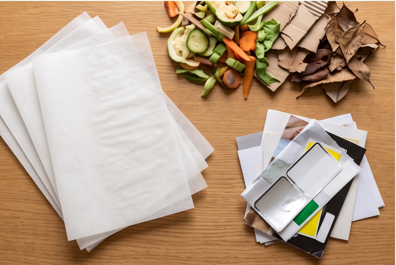 Parchment paper pieces sorted beside kitchen scraps and compost browns