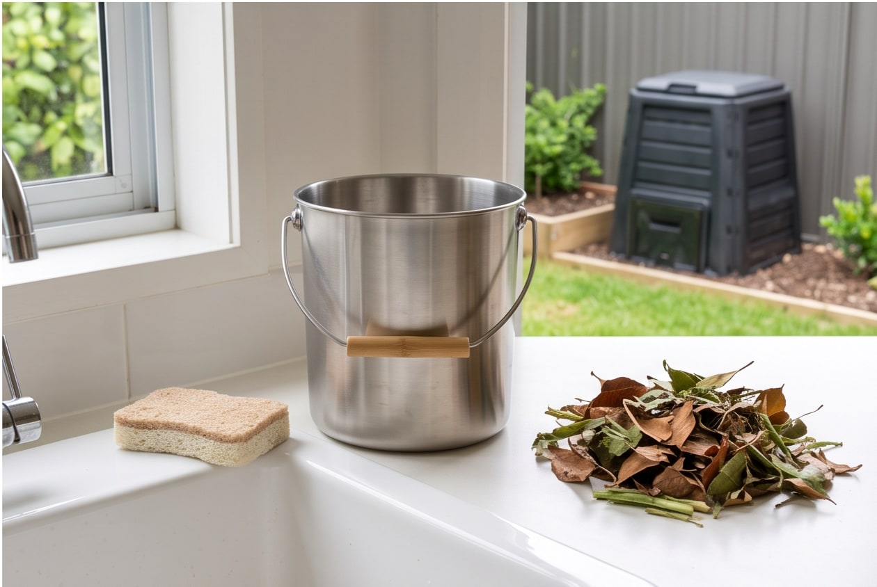 Compostable kitchen sponges near a compost pail, browns, and a backyard compost bin