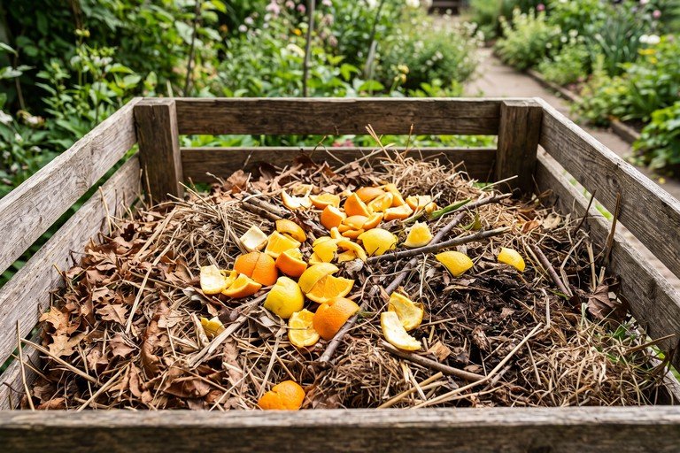 Chopped orange and lemon peels sprinkled over dry browns in a backyard compost bin