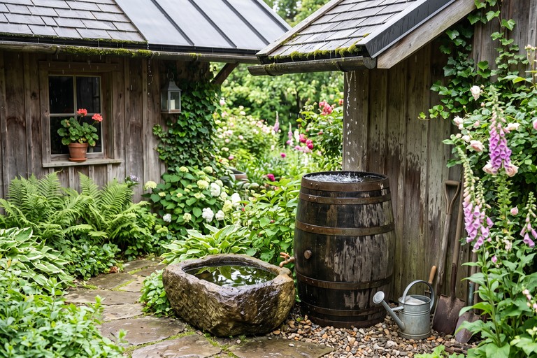 Rainwater collected from a shed roof overhang into a barrel and stone basin without gutters