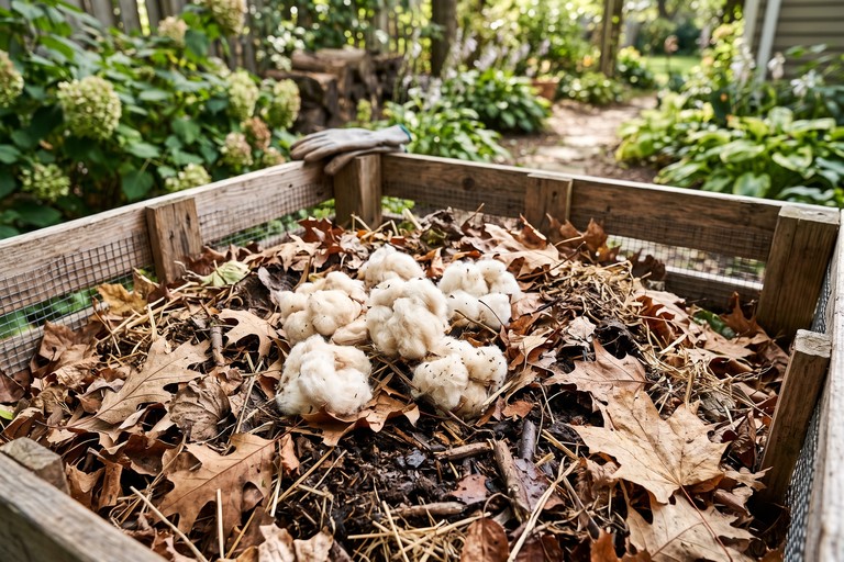 Organic unbleached cotton balls placed in a backyard compost bin with dry leaves