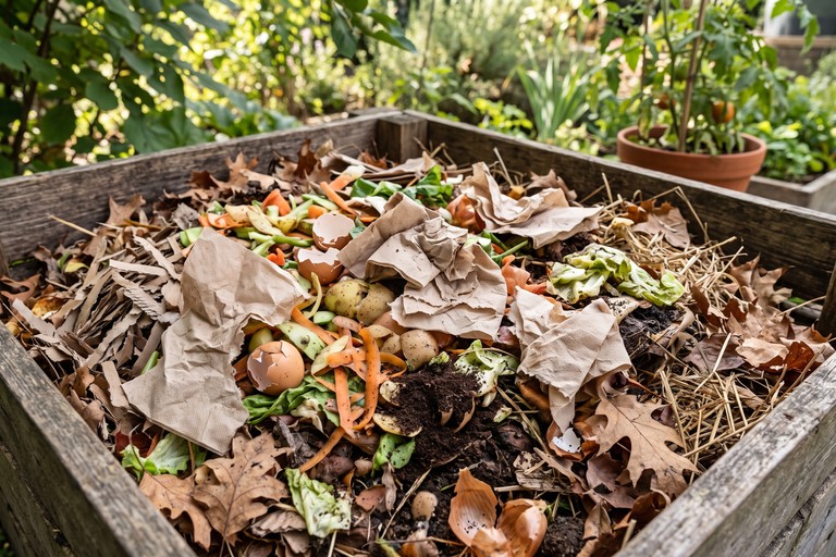 Torn unbleached paper napkins placed with kitchen scraps and compost browns